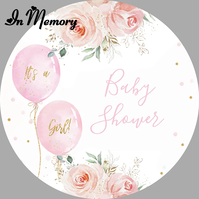 InMemory Light Pink White Baby Shower Round Backdrop Cover Flowers Balloons It's A Girl Newborn Circle Background Customized