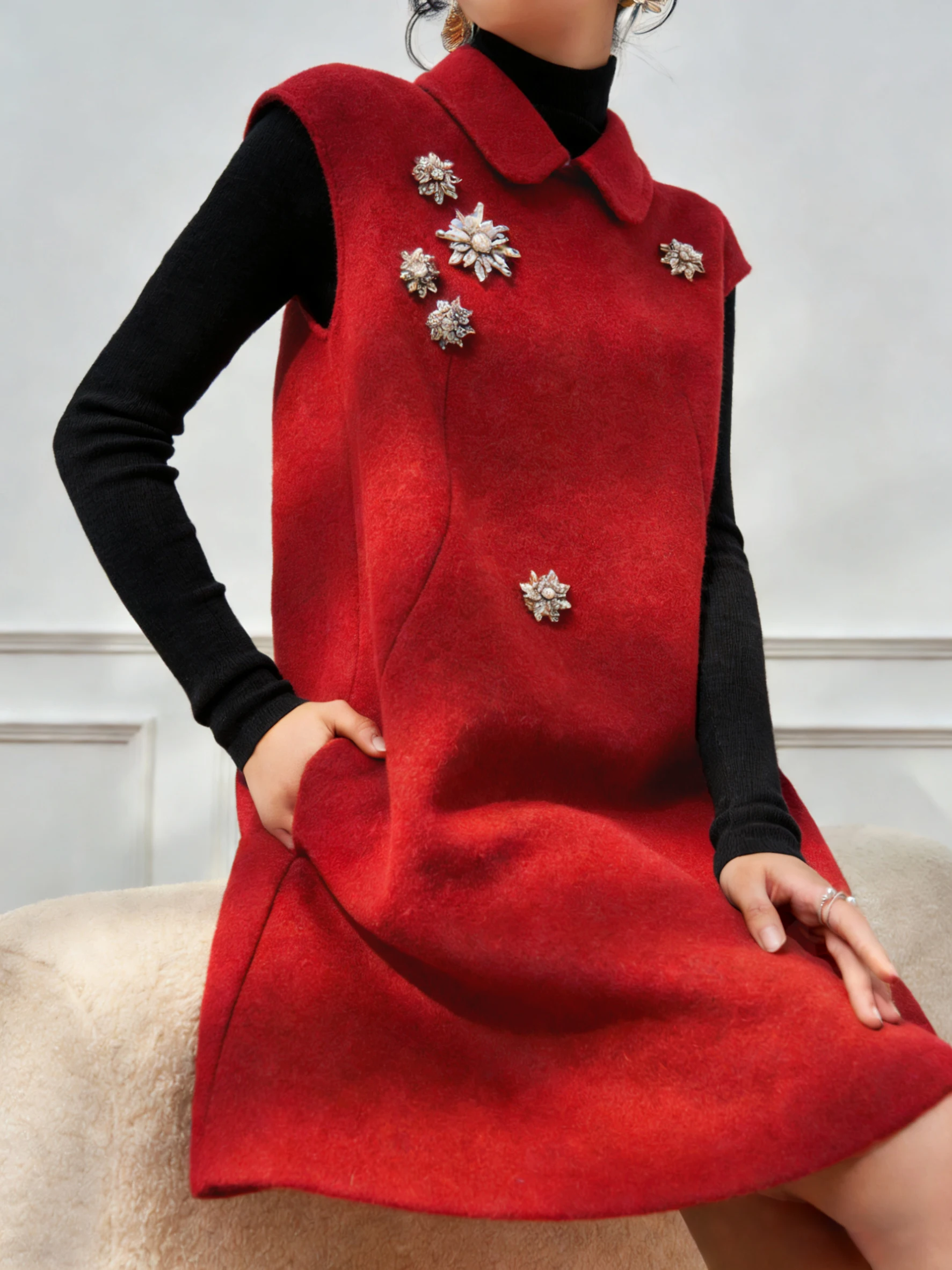 

Red Knitted Vest Dr High Waist A-Line Skirt French Sle Winter New Year's Outfit Women's Faion Casual Loose Fit Dr