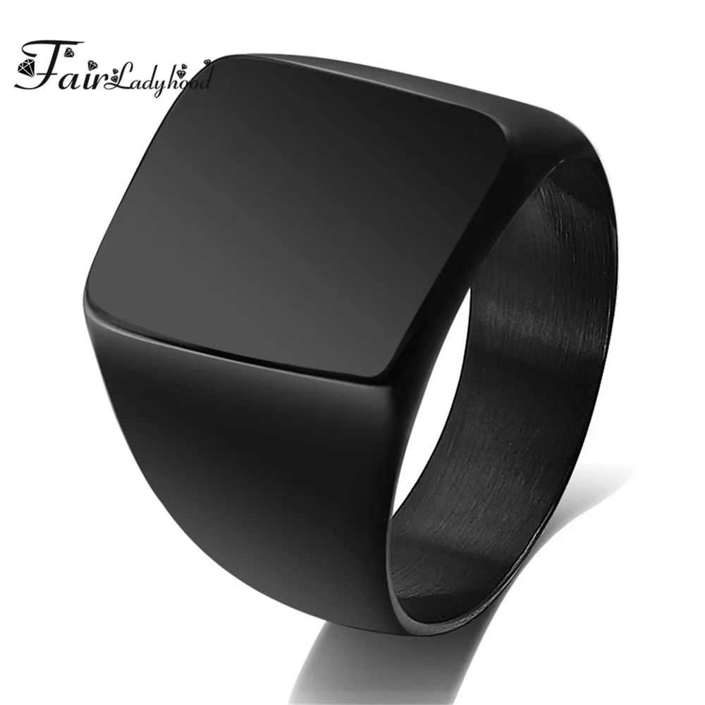 FairLadyHood Punk Men Ring Square Big Width Signet Rings Fashion Male Black Finger Ring Stainless Steel Jewelry