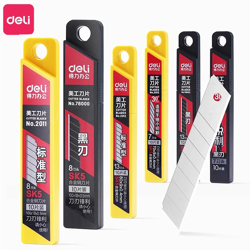Juego de cuchillas de cuchillo Deli Metal SK5, 10 hojas/1 caja, 9/18mm, suministros escolares para el hogar, arte, artesanía, corte de papel, herramienta cortadora de cuchillos
