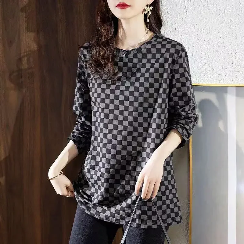 Baggy Sweatshirt for Women Spring and Autumn Woman Tops Round Neck Lattice Pullover Loose Casual Korean Popular Clothes Fashion