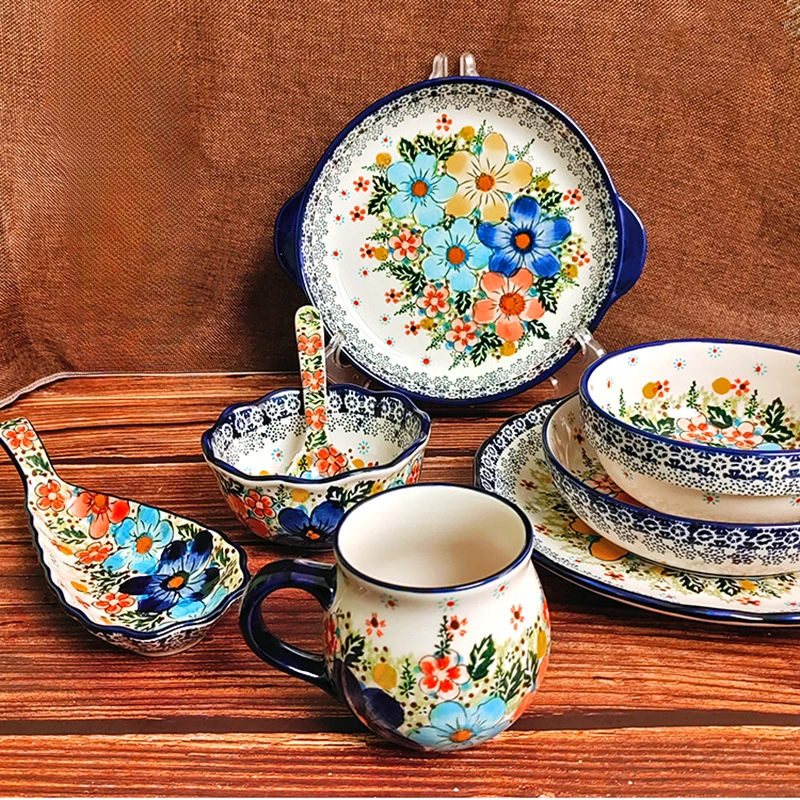 Nordic Underglaze Colorful Floral Ceramic Tableware Set, Home Kitchen Accessories, Retro Heat-resistant Tableware and Plates