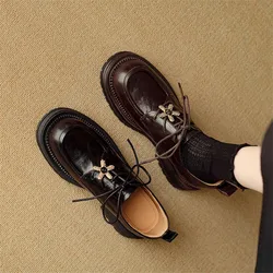 New Spring Autumn Genuine Leather Women Pumps Shoes for Women Fashion Round Toe Lace Loafers Shoes Zaptos Mujer Deep Mouth Shoes