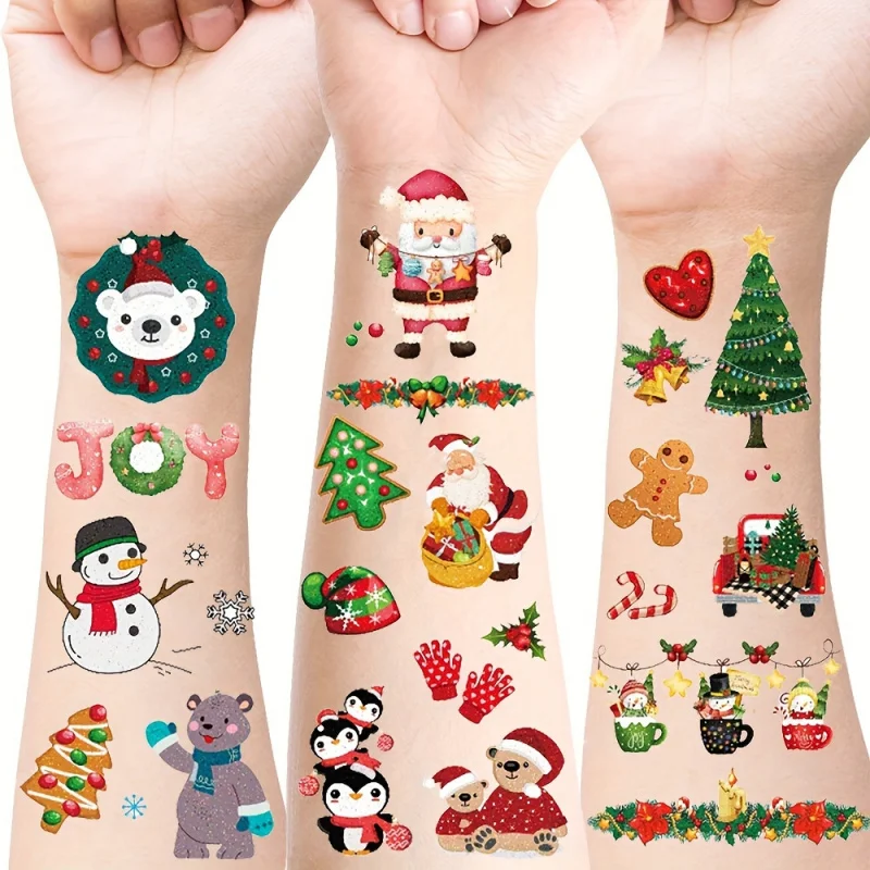 12 pcs Christmas themed glitter temporary tattoo stickers. Cartoon Christmas design, festive pattern of Santa Claus, snowman