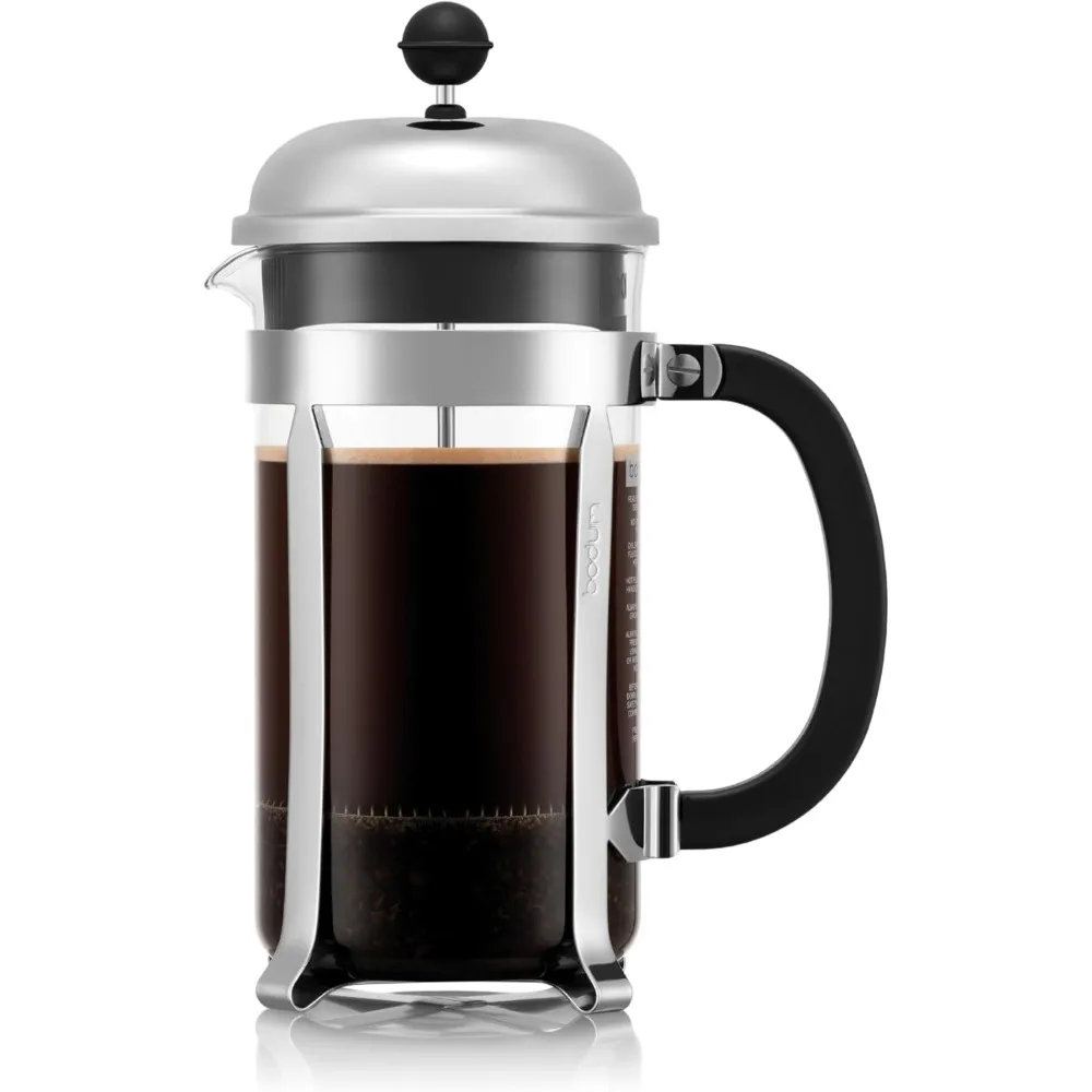 34oz Chambord French Press Coffee Maker, High-Heat Borosilicate Glass, Polished Stainless Steel – Made in Portugal