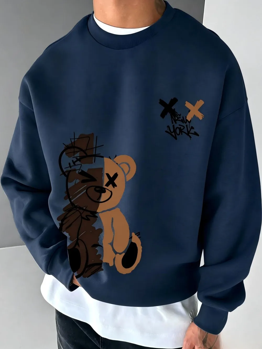 American men's autumn spliced teddy bear letter print soft and comfortable round neck long sleeved T-shirt outdoor casual top