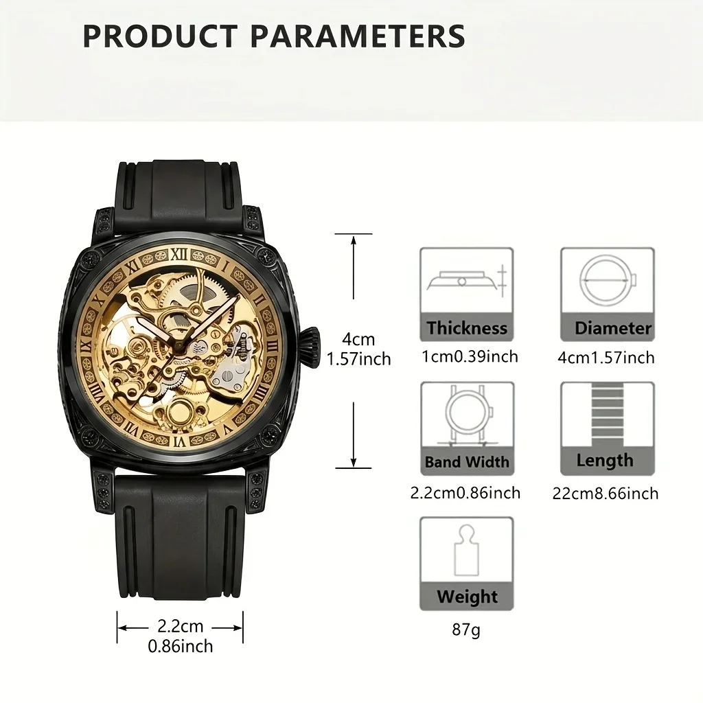 1pc Men's Golden Green Tape Retro Style Noble Fashion Carving Flywheel Luminous Automatic Mechanical Watch