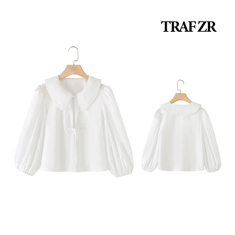 

TRAF ZR Elegant Blouses for Women Puff Sleeves Shirring At Shoulder Lace-up Front Peter Pan Collar Short Shirt Womens Tops