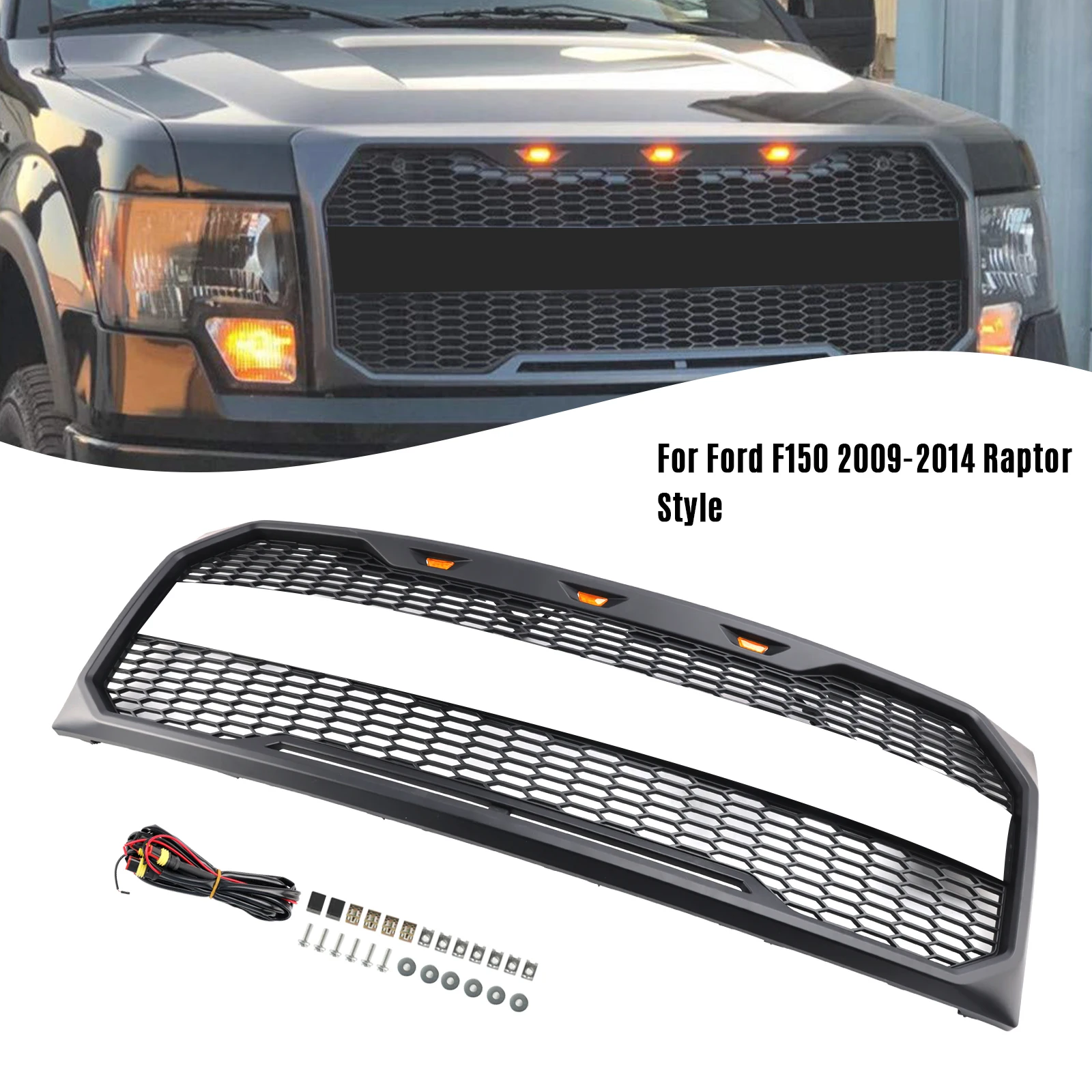 

Artudatech Raptor Style Front Bumper Grille Grill With LED Fit for Ford F150 2009-2014 Black