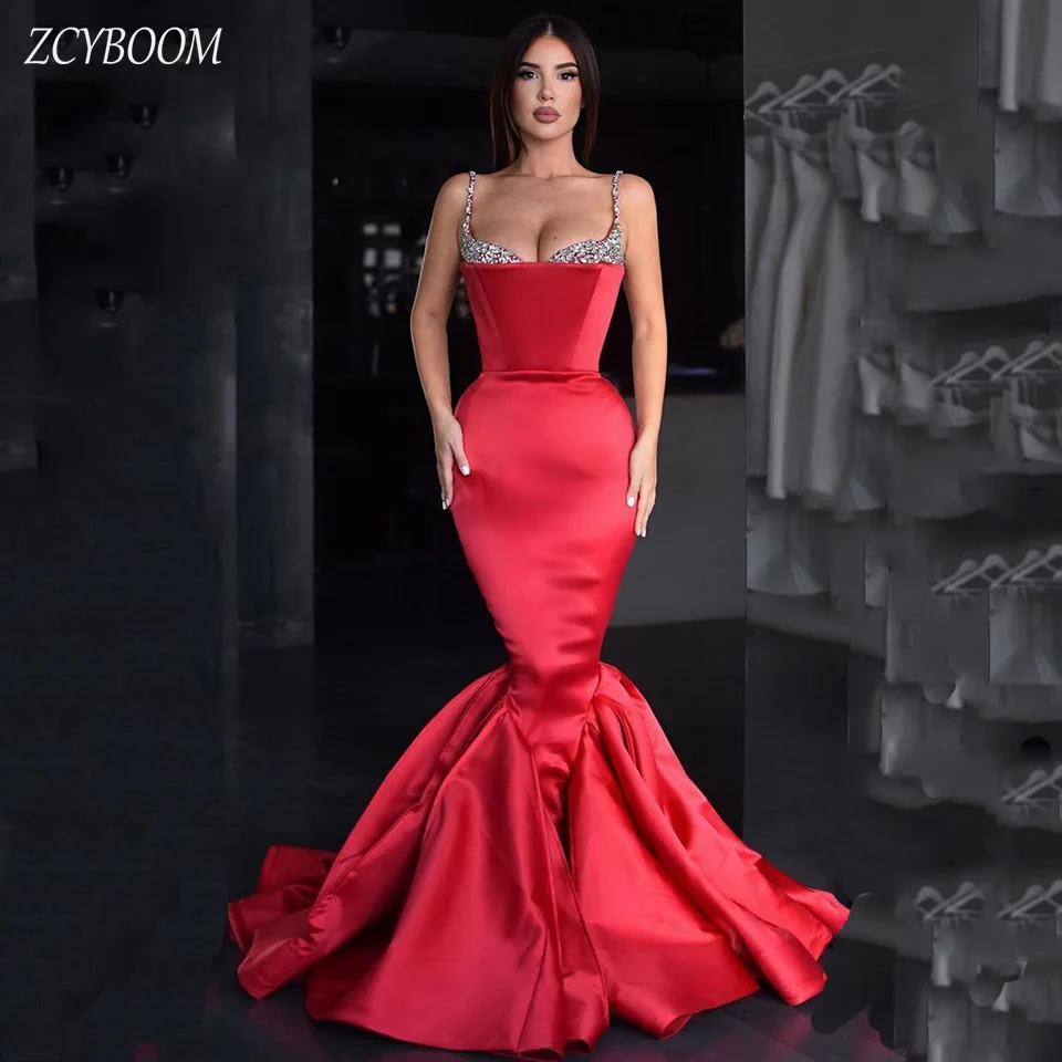 Exquisite Red Spaghetti Strap Crystal Evening Dress 2025 Mermaid Bodyco Floor Length Sweep Train Zipper Custom Made Prom Dress