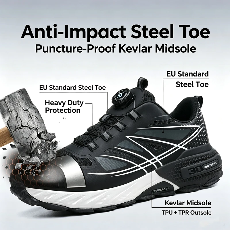 Men's Impact-Resistant and Puncture-Resistant Soft-Soled Safety Shoes with Adjustable Buckles—Workshop Work Shoes