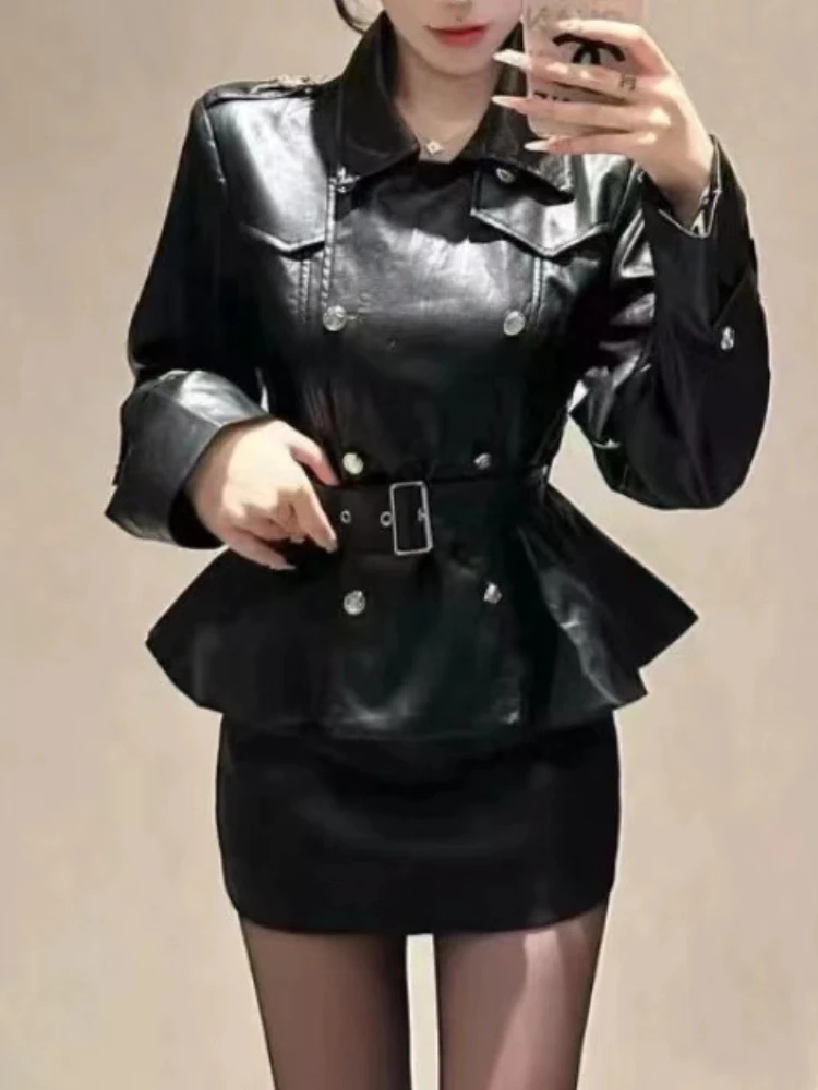 Ensemble 2 pièces rétro Sexy pour femmes, vestes + jupes en Faux cuir à Double boutonnage, tenues Punk américaines Harajuku, nouvelle collection