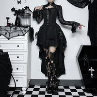 Women's Dress Gothic High Low Swing Asymmetric Vintage Goth Black Lace Elastic Waist Pleated Bodycon Dresses
