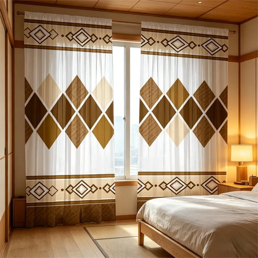 2PCS Digital Print Sheer Curtain, Beige Brown Diamond, Vintage Floral Window Curtains for Living Room Bedroom Home Decor