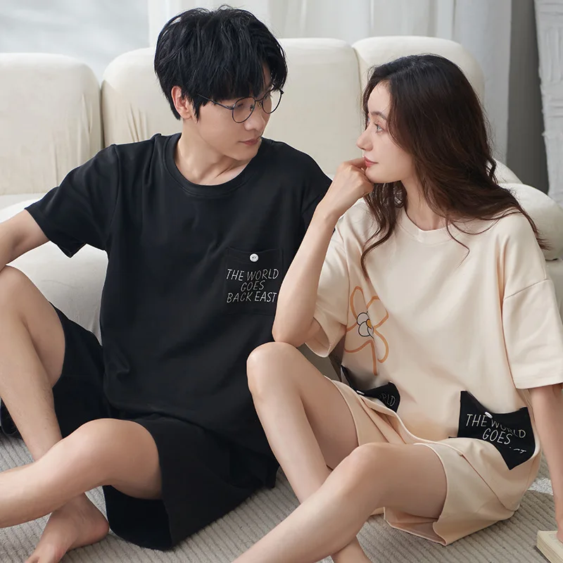 

2023 New Cotton Couple Short Pajama Sets Cartoon Pajamas Soft M-5XL Lovers Sleepwear Homewear Summer Pijamas Men Women Drop Ship