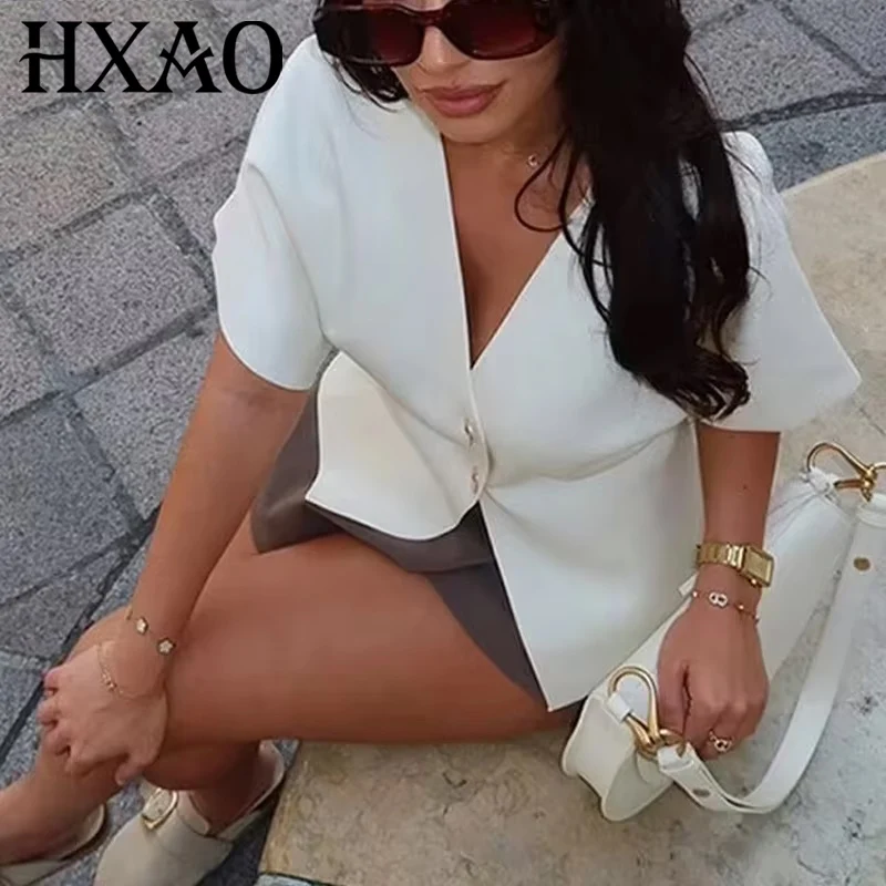 HXAO Crop Knitted Cardigan Women Autumn Short Sleeve Knit Ladies Outerwears Winter Button Bolero Cardigan Elegant Women Jackets