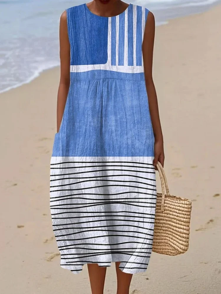 7 Colors Women's Robes Vintage Abstract Geometry Art Print Sleeveless Pocket Wrap Dress Casual Loose Chic Wear Plus Size Vestido