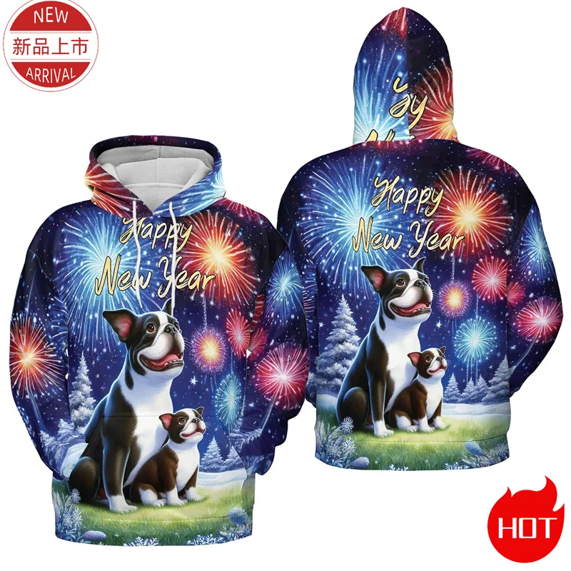 3D Print 2025 Happy New Year Hoodies Firework Cute Pull Terrier Corgi Graphic Hooded Hoody Fashion Streetwear Mens Clothing Tops