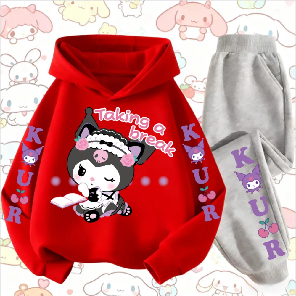 산리오 쿠로미 소녀들을 위한 패셔너블하고 편안한 야외 스포츠 후드티 & 캐주얼 바지 남녀 공용 가을 및 겨울용