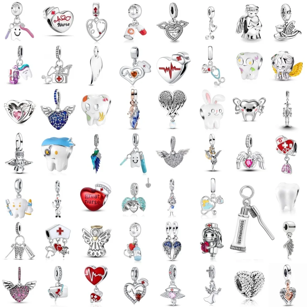 New 925Silver Cross Angel Wings Pendant Teeth Nurse Doctor Charm Fit Decoration Original Bracelet Jewelry Women Buddha Bead Gift