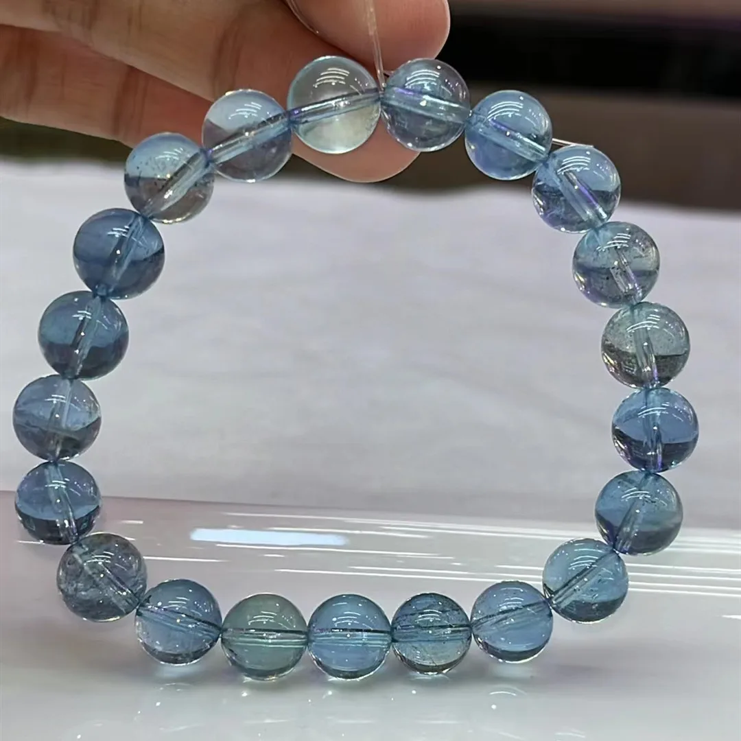 Natural Blue Aquamarine Clear Round Beads Bracelet Women Men Brazil 11.2mm Blue Aquamarine Jewelry AAAAA