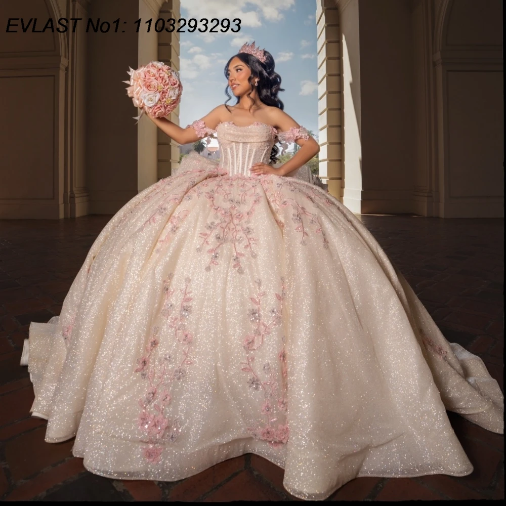 

EVLAST Customized Mexican Pink Quinceanera Dress Ball Gown 3D Floral Applique Beading Corset Sweet 16 Vestidos De 15 Anos AQ320