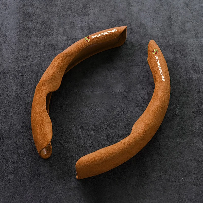 2PCS Suede Car Logo Steering Wheel Cover Anti-Slip Protection Sleeves For Porsche 911 918 Taycan Panamera Cayenne Boxster Cayman