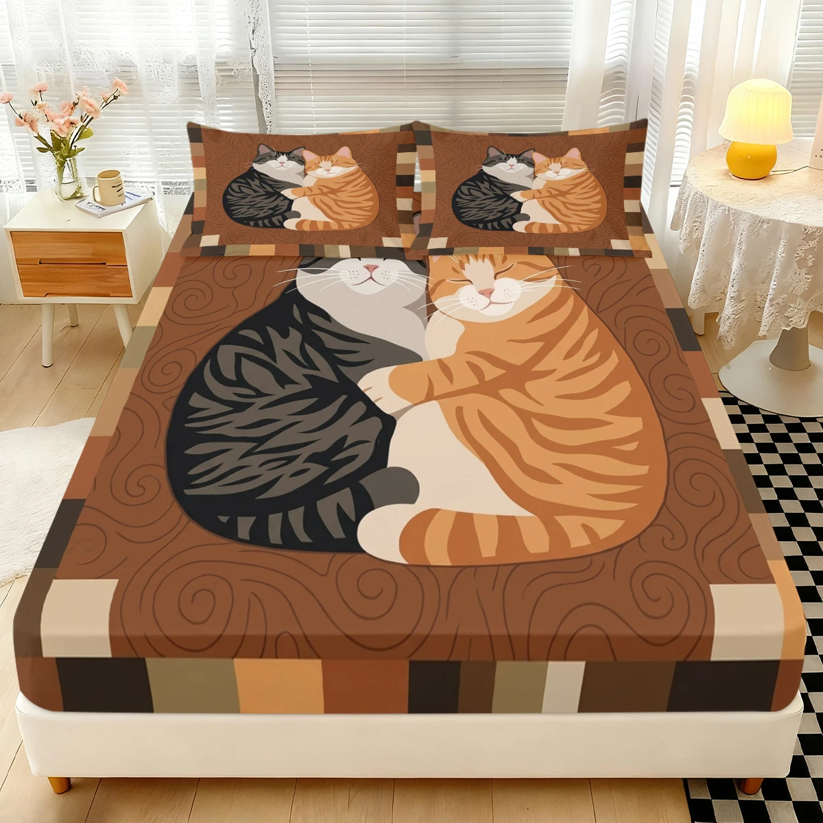 

Warm Brown Tone Hugging Kitten Fitted Sheet 3PCS, Swirl Texture Cat Pattern Elastic Mattress Cover with Pillowcases