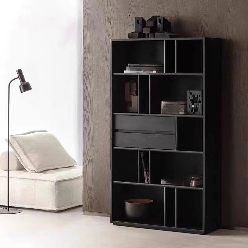 Nordic simple Japanese medieval wabi style solid wood bookcase, bookshelf display cabinet, living room home log wine cabin