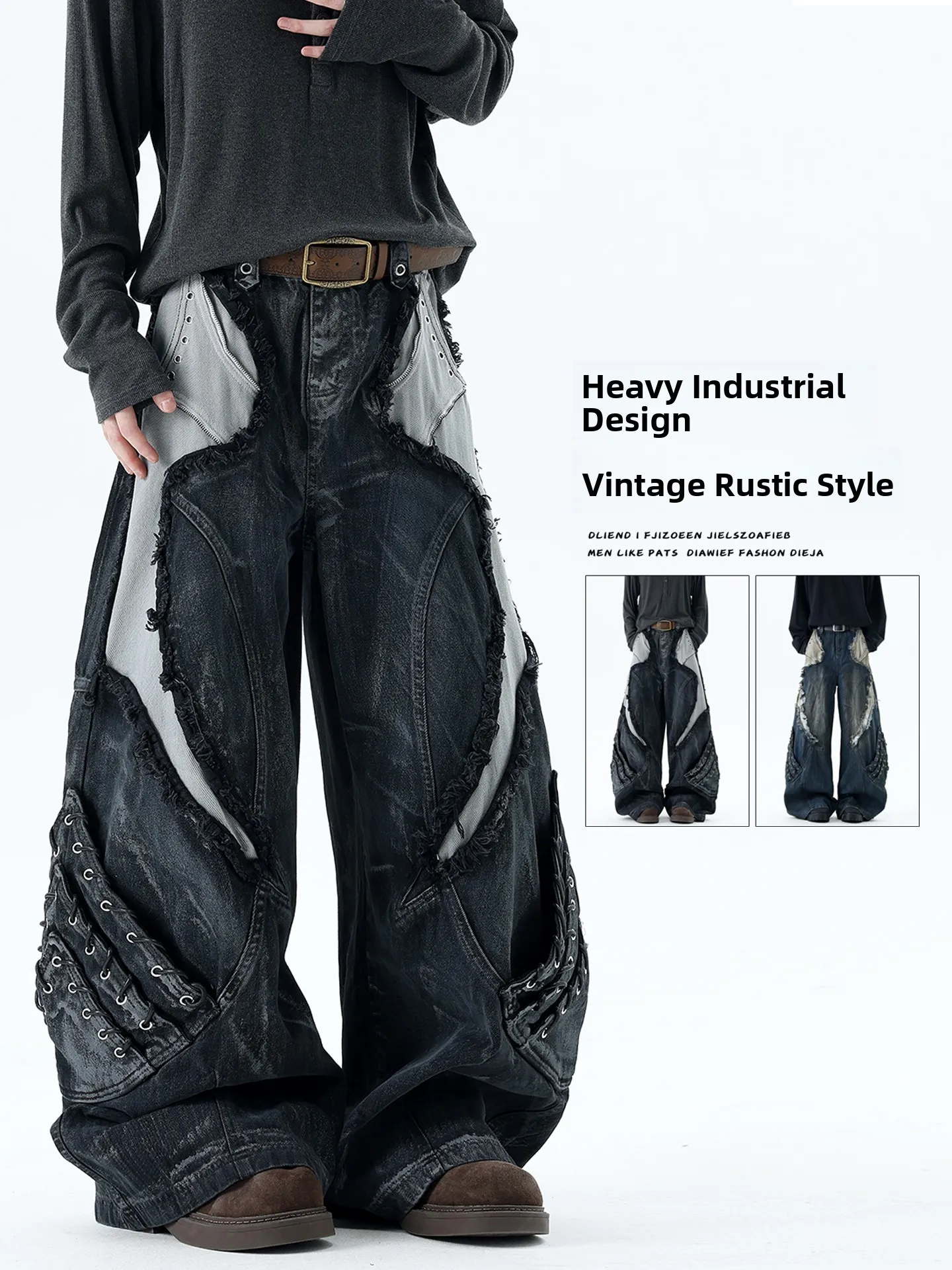 

Heavy Du Ripped Deconstructed Workwear Jeans Men's Autumn Sle American Street Subculture Wasteland Vintage Wide Leg Pants