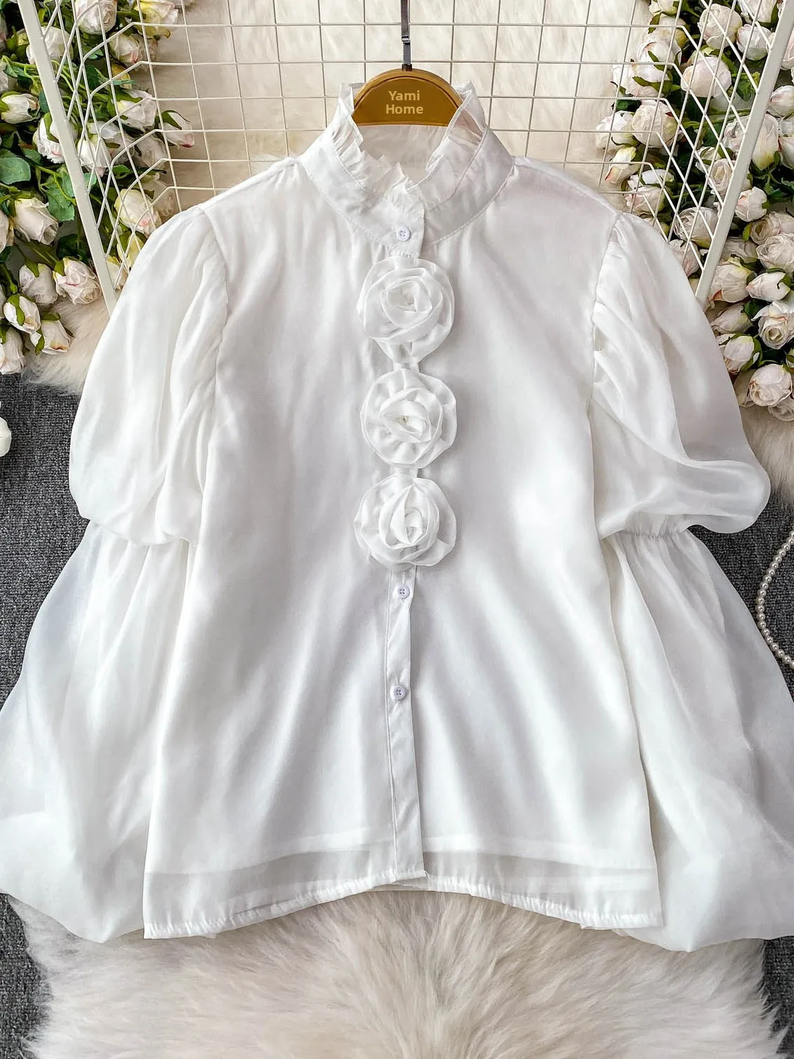 Colletto alla coreana da donna irt Bottone singolo Design ampio Lanterna Sve Top Summer Faionable Camicetta coreana Sle Bubble Sve