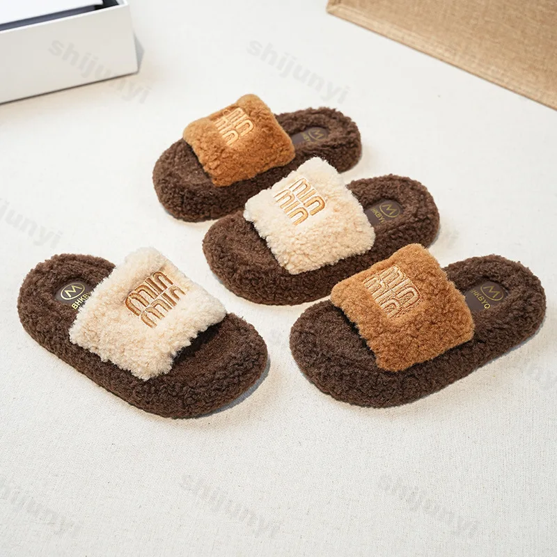 

Girls' Retro Design Warm Casual Hairy Slippers Winter 2025 New Children Fashion Versatile Soft Comfortable Plush Cotton Draggers