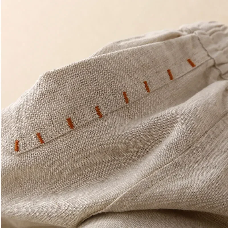 Grijs katoen linnen casual elastische hoge taille losse wijde pijpen damesbroek enkellange broek voor dameskleding 2025, mode