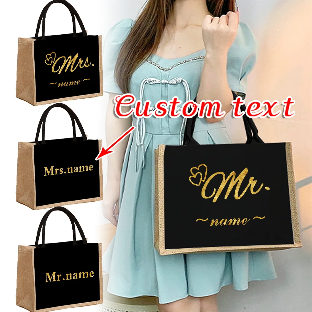 Customizable Name Linen Handbag Linen Handbag Reusable Eco Friendly Grocery Storage Bag Retro Beach Bag Customized Product