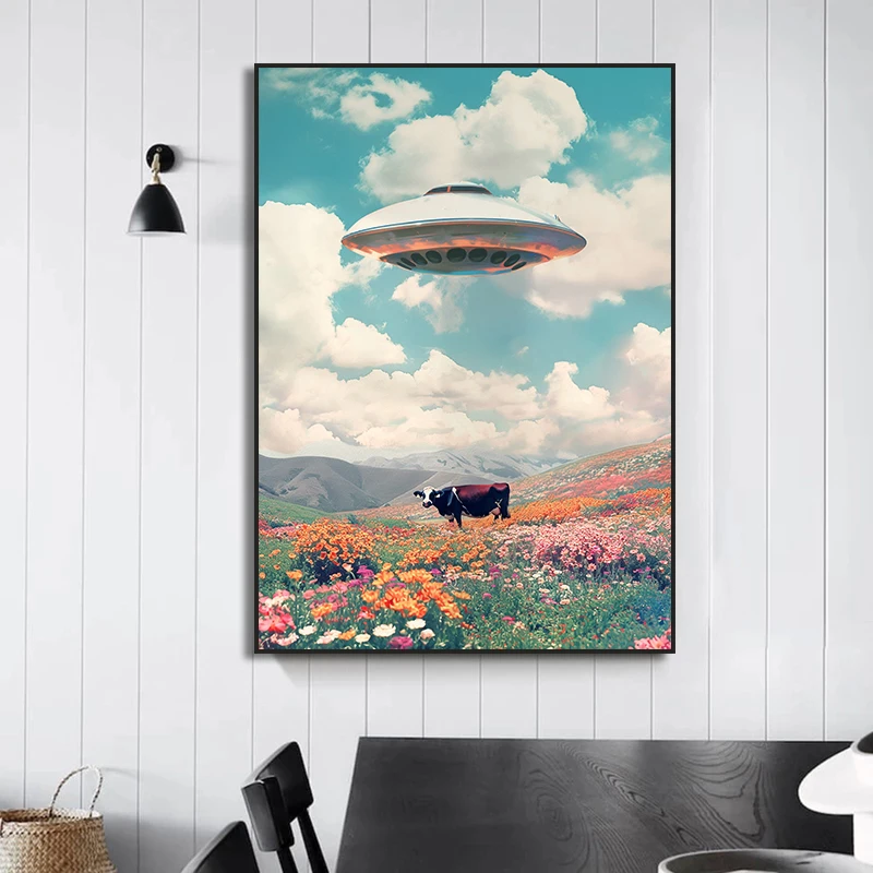 UFO الغريبة المشارك الرجعية ديسكو الكرة الصبار المشهد قماش اللوحة البقرة المشارك سريالية تريبي جدار ديكور فني للمنزل جدارية #4