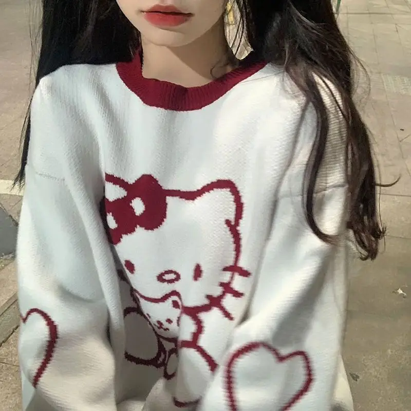 Kawaii Sweater Sanrioed Hello Kitty Anime Spring Winter Preppy Knitting Sweater Long Sleeve Girls Tops Loose O-Neck Trend Sweet