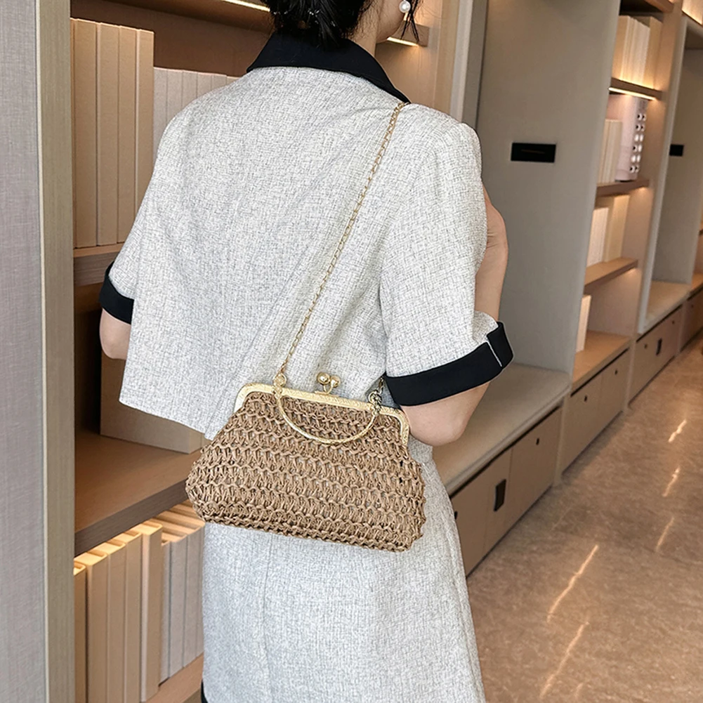 Women Exquisite Evening Bag Gold Chain Party Banquet Purse Hand Woven Straw Handbag Female Clutch Bag Shoulder Crossbody Bags