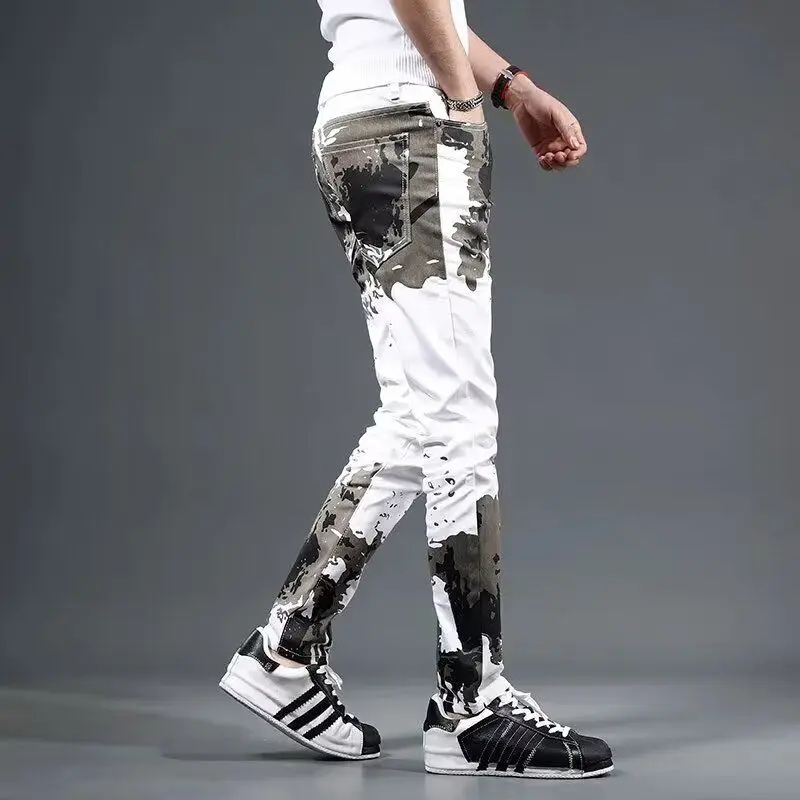 Pantalones vaqueros para hombre, pantalones blancos ajustados, pantalones vaqueros ajustados para hombre, pantalones ajustados de diseñador apilados, estilo callejero japonés, gótico estético