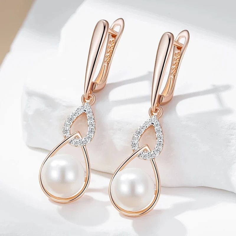 Wbmqda Luxury Pearl Women\'s Long Drop Earrings 585 Rose Gold Silver Color Ethnic Wedding Party Fine Zircon Jewelry Accessories