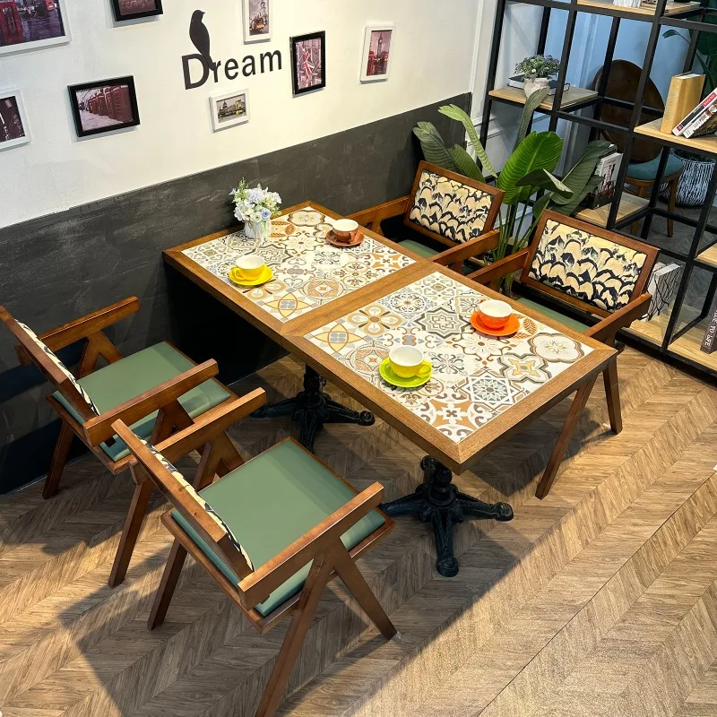 Industrial style retro cafe solid wood table and chair combination hot pot shop fusion cuisine western restaurant bar dessert sh