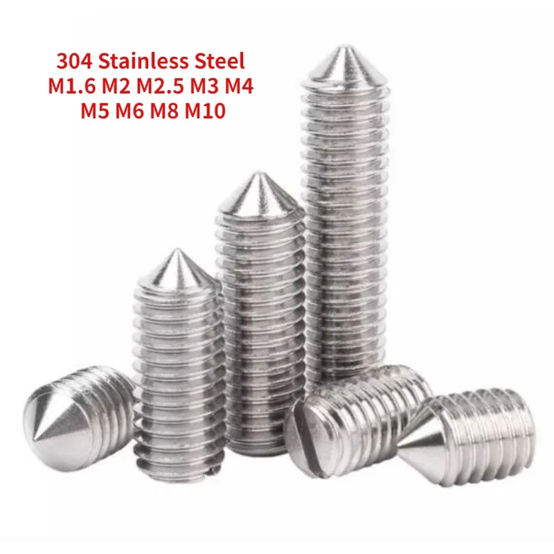 

M1.6 M2 M2.5 M3 M4 M5 M6 M8 M10 A2-70 304 Stainless Steel Slotted Head Tapered End Cone Point Set Screw Headless Grub Bolt