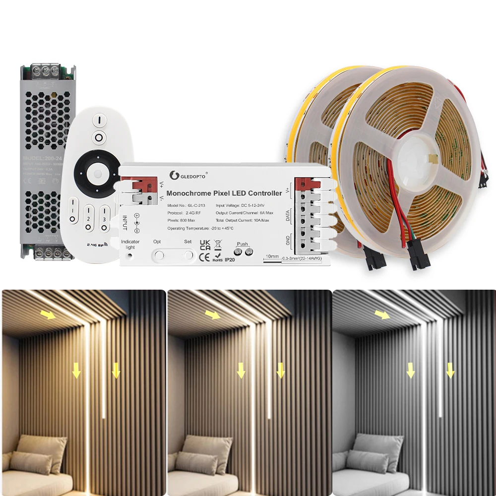 

COB Светодиодная лента для беговой воды Одноцветный пиксельный светодиодный контроллер 2,4G RF Дистанционная плавная лента Лента Лампа DC24V WS2811 IC SPI