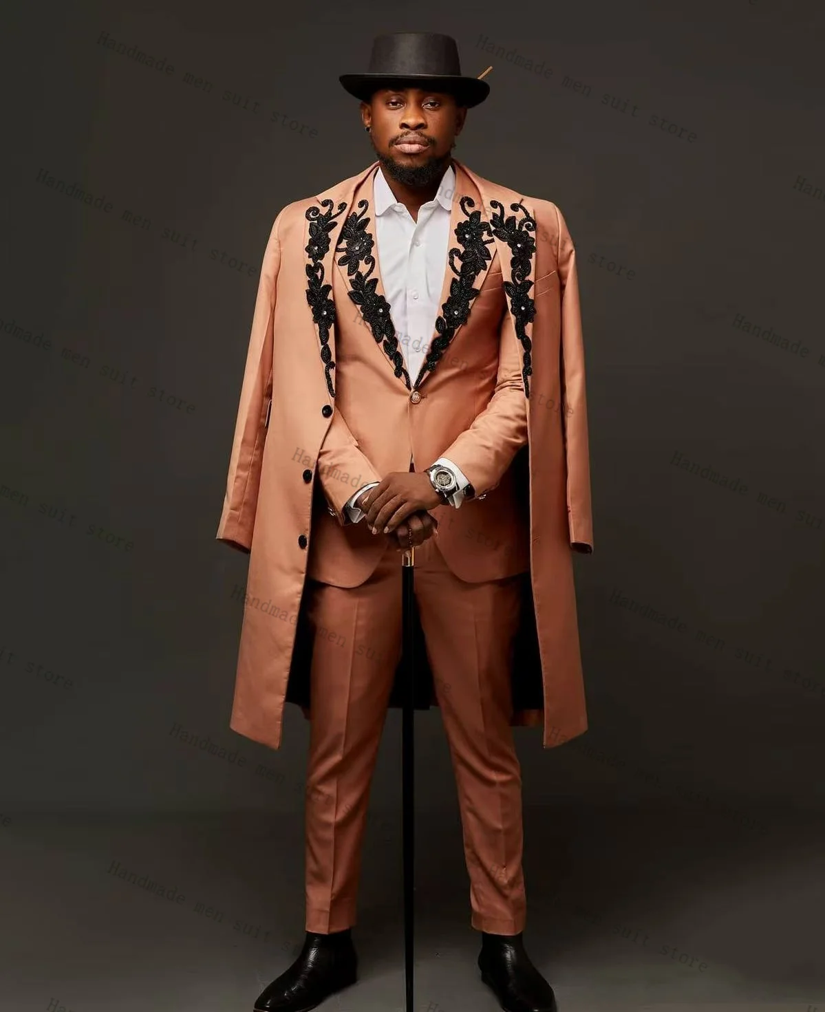 

Men Suit Set 3 Piece Long Overcoat+Blazer+Pants Appliqued Prom Wedding Tuxedos Coat Cotton Customized Formal Office Jacket