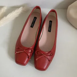 2024 Red New Women Flat Shoes Fashion Square Toe Shallow Slip On Ladies Casual Ballet Shoes Soft Leather Outdoor Loafers S