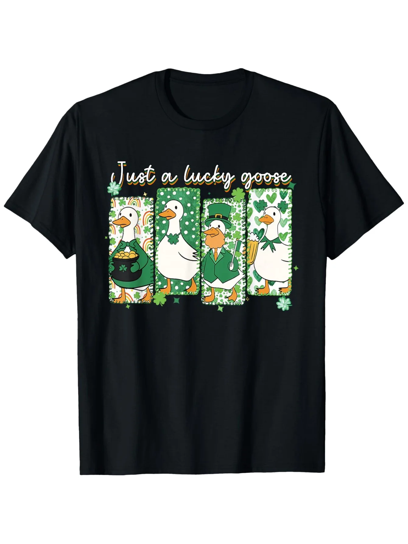 Funny Men's Black Graphic T-Shirt Lucky Goose Duck Clover Leprechaun Hat Beer Mug Rainbow Vintage Print 100% Cotton Heavyweight Short Sleeve Casual Streetwear Tee
