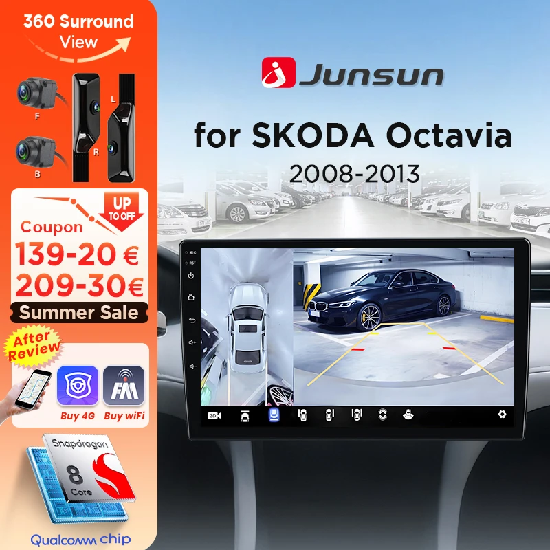 Junsun 360 °   Panoramakamera-Autoradio für Skoda Octavia 2 A5 2008 - 2013, kabelloses CarPlay, Android Auto, Stereo, GPS-Navigation, integrierte Cloud, ESIM, 4G