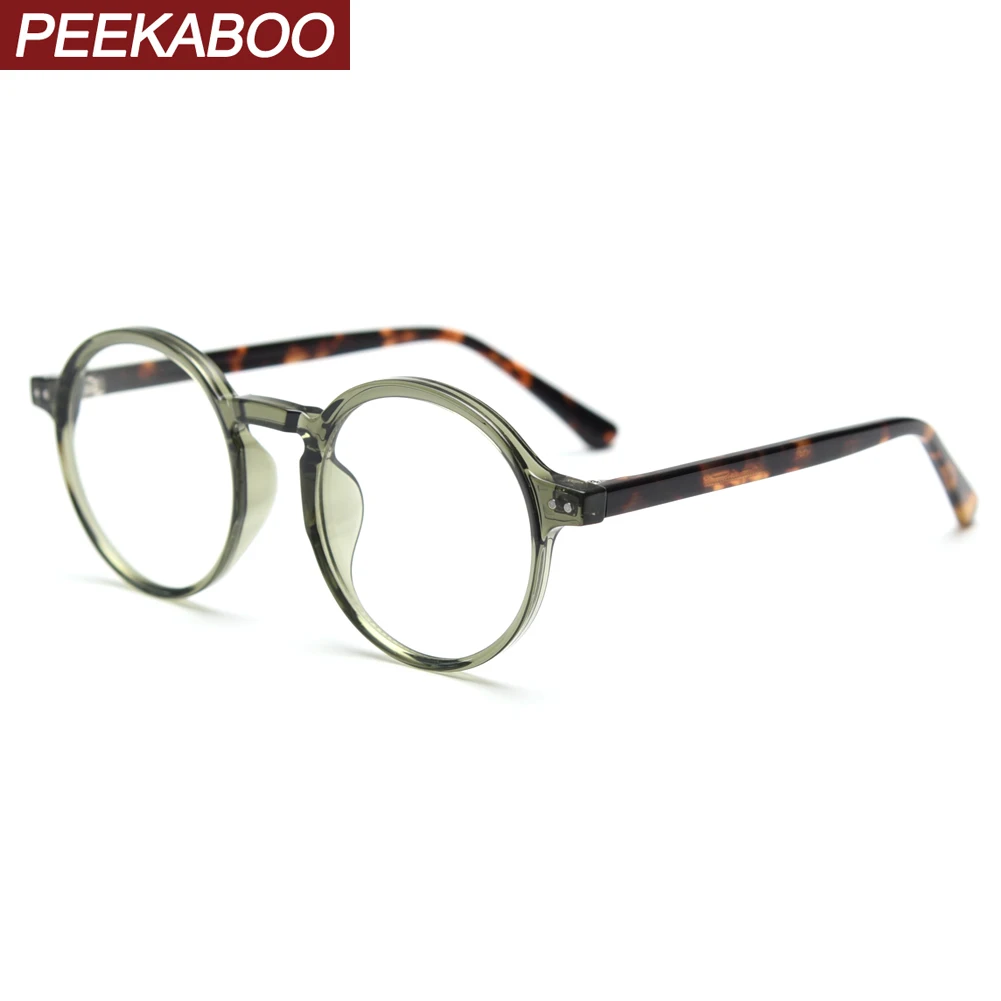 Peekaboo koreański styl okrągłe okulary kobiece męskie TR90 retro okulary optyczne rama kobiety przezroczyste soczewki zielony lampart octan męski