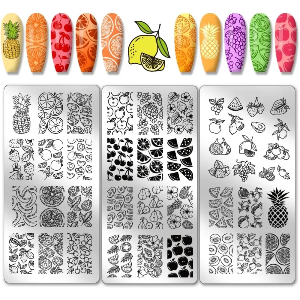 

45 Patterns Fruits Nail Art Stamping Plate 3pcs Cute Stencils Pinnapple Stawberry Stamp Plate Stainless Steel Image Plate