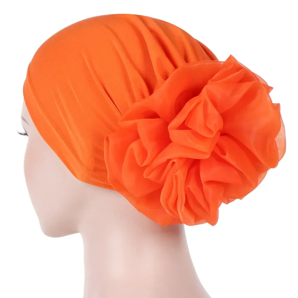 Helisopus Women Muslim Solid Color Turban Big Flower Design Headband Ladies Elastic Headwear Hair Loss Cover Accessories