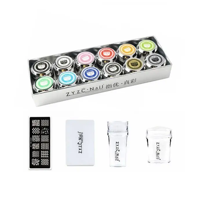 

ZYZC Hot Sale 12 Colors DIY Nail Art Stamper Gel Kit with UV Gel Stamping Plates Set